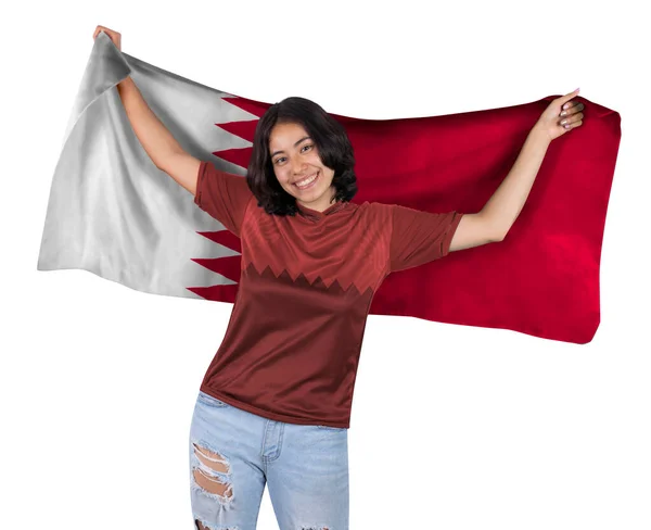 Νεαρή Ποδοσφαιρόφιλη Γυναίκα Κόκκινη Αθλητική Φανέλα Και Σημαία Στο Κατάρ — Φωτογραφία Αρχείου