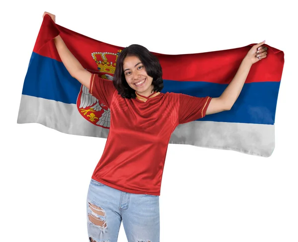 Jonge Voetbalfanatieke Vrouw Met Rode Sporttrui Vlag Naar Servië Zijn — Stockfoto