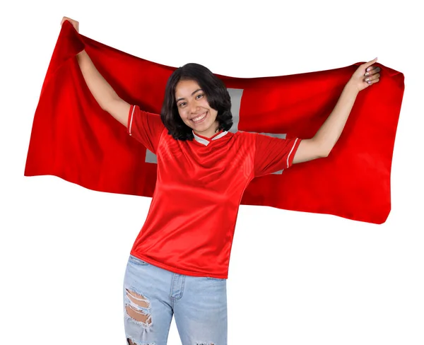 Jonge Voetbalfanatieke Vrouw Met Rode Sporttrui Vlag Naar Zwitserland Zijn — Stockfoto