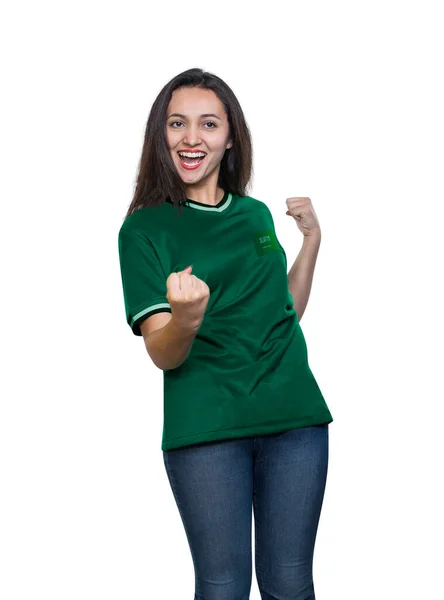 Joven Hermosa Fan Una Camiseta Verde Selección Nacional Arabia Saudita — Foto de Stock