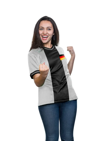 Jovem Bonita Uma Camiseta Branca Preta Seleção Alemã Comemorando Gol — Fotografia de Stock