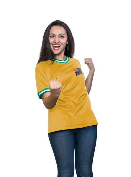 Joven Hermosa Fan Una Camiseta Amarilla Selección Nacional Australia Celebrando —  Fotos de Stock