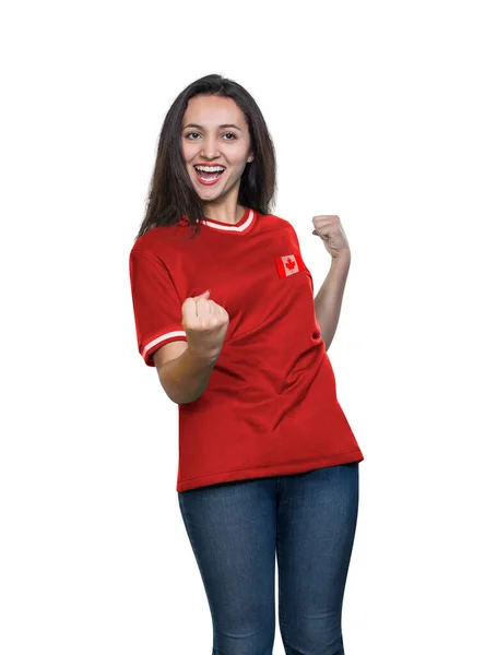 Young Beautiful Fan Red Shirt Canada National Team Celebrating Goal — Stock Photo, Image