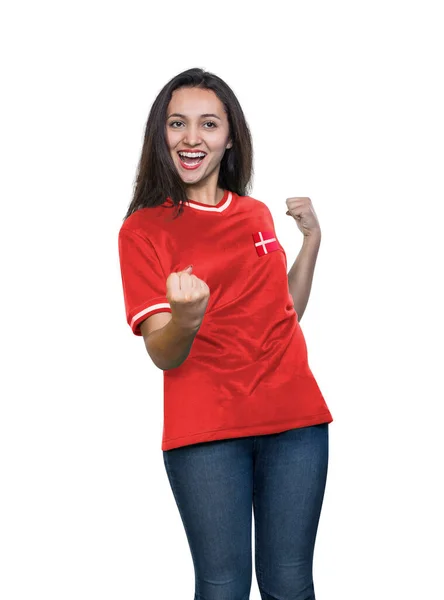 Joven Hermosa Fan Una Camiseta Roja Selección Nacional Dinamarca Celebrando — Foto de Stock