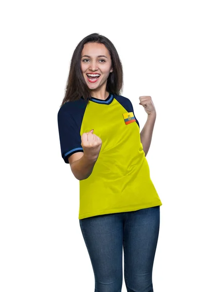 Junge Schöne Fan Einem Gelben Shirt Der Ecuadorianischen Nationalmannschaft Feiert — Stockfoto