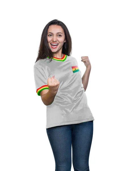 Młoda Piękna Fanka Białej Koszulce Reprezentacji Ghany Świętującej Bramkę Szczęśliwą — Zdjęcie stockowe