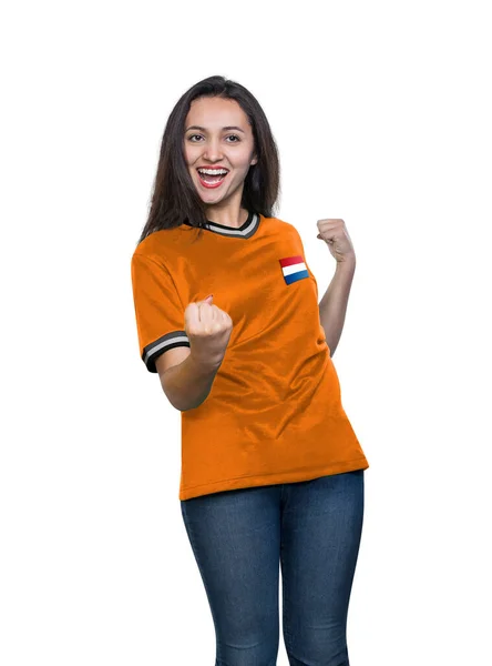 Fiatal Gyönyörű Rajongó Egy Narancssárga Pólóban Holland Válogatott Ünnepli Cél — Stock Fotó