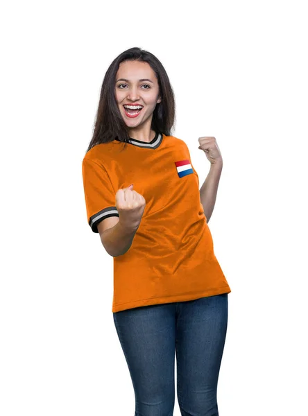 Jeune Belle Fan Dans Shirt Orange Équipe Nationale Néerlandaise Célébrant — Photo