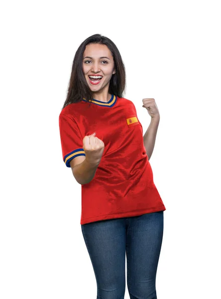 Młoda Piękna Fanka Czerwonym Shircie Reprezentacji Hiszpanii Świętująca Bramkę Szczęśliwą — Zdjęcie stockowe