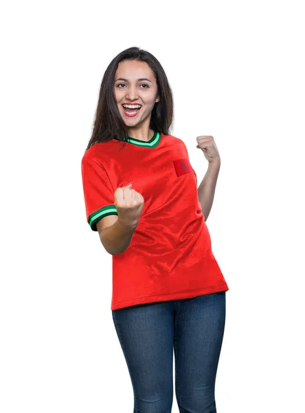 Junge Schöne Fan Einem Roten Shirt Der Marokkanischen Nationalmannschaft Feiert — Stockfoto