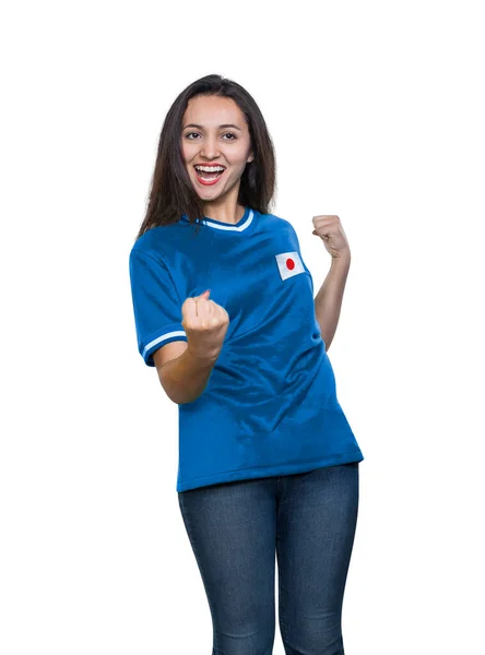 Jovem Bonita Uma Camiseta Azul Equipe Nacional Japão Comemorando Gol — Fotografia de Stock