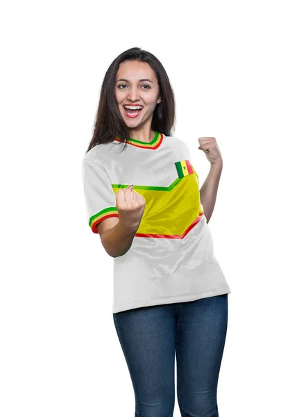 Jovem Bela Uma Camiseta Branca Seleção Senegal Comemorando Gol Feliz — Fotografia de Stock