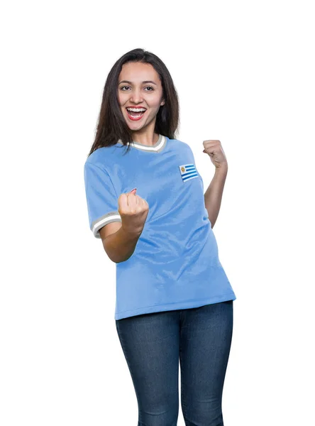 Jeune Belle Fan Dans Shirt Bleu Clair Équipe Nationale Uruguay — Photo