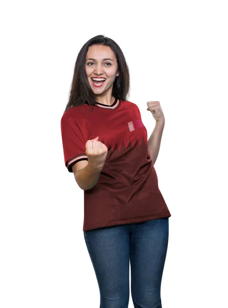 Junge Schöne Fan Einem Roten Shirt Der Katarischen Nationalmannschaft Feiert — Stockfoto