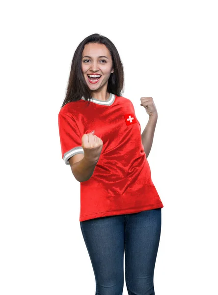 Joven Hermosa Fan Una Camiseta Roja Selección Nacional Suiza Celebrando —  Fotos de Stock