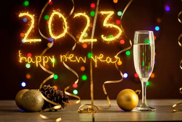 One Glass Champagne New Year Eve Party Background Wishing Happy — Stock Photo, Image