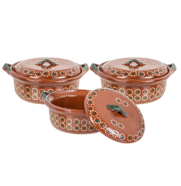 Three Handmade Red Clay Pots Made Mexico Traditional Handmade Mexican — Fotografia de Stock