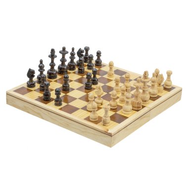 Traditional handmade wooden chess board with black and natural colored chips on a white background.