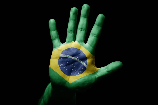 Грубая Рука Человека Флагом Бразилии Знак Остановки Гнева Дискриминации Расизма — стоковое фото