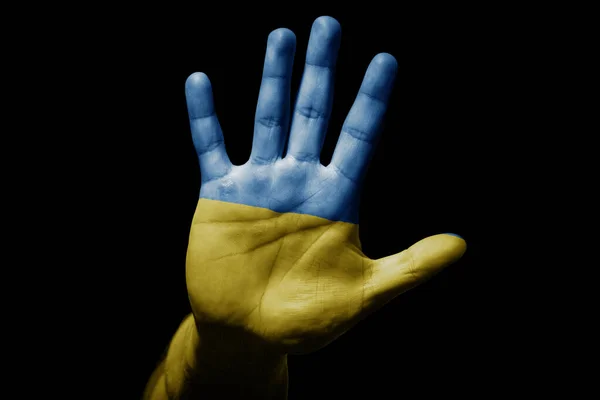 Грубая Рука Человека Флагом Украины Знак Остановки Гнева Дискриминации Расизма — стоковое фото
