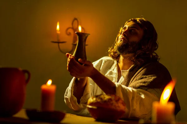 Jézus Krisztus Jeleneteinek Ábrázolása Utolsó Vacsora Alatt Apostolaival Meleg Fénnyel — Stock Fotó