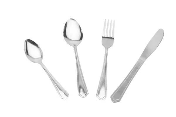 Set Cutlery Spoon Fork Knife Stainless Steel Isolated White Background — Foto de Stock