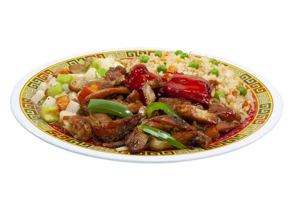 Ψητό Γλυκό Και Ξινό Χοιρινό Λαχανικά Ρύζι Και Σάλτσες Κινέζικες — Φωτογραφία Αρχείου
