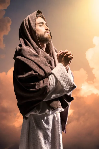 Jesus Cristo Orando Deus Noite Negra Escura — Fotografia de Stock