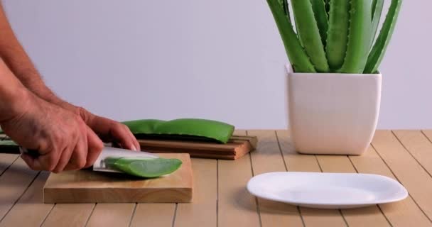 Video Aloe Vera Being Cut Chopped Wooden Chopping Board Washed — Stock Video