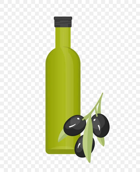 Glasflasche Olivenöl Mit Schwarzen Oliven Illustrieren Schwarzer Olivenzweig Mit Vektordesign — Stockvektor