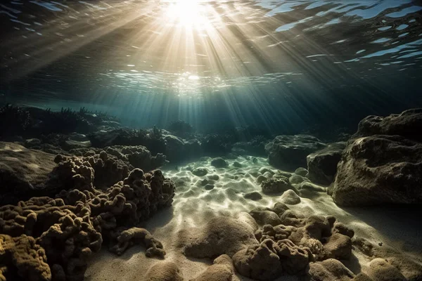 Pohled Pod Vodou Hladině Oceánu Sluneční Paprsek Proniká Vrchní Vrstvou — Stock fotografie