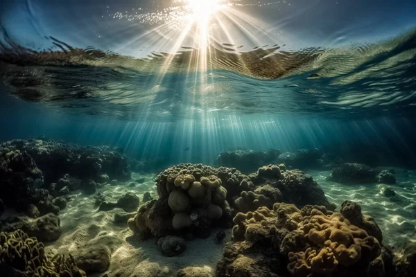 Προβολή Υποβρύχια Στην Επιφάνεια Του Ωκεανού Ηλιαχτίδα Διεισδύσει Μέσα Από — Φωτογραφία Αρχείου
