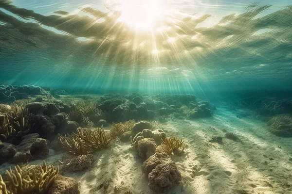 Suyun Altından Okyanusa Bakın Güneş Işığı Okyanusun Üst Katmanını Delip — Stok fotoğraf
