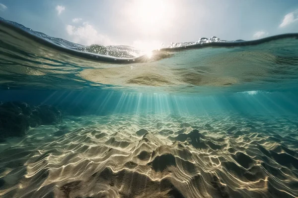 Ver Bajo Agua Superficie Del Océano Rayo Sol Penetrar Través — Foto de Stock