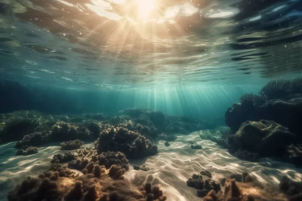 Suyun Altından Okyanusa Bakın Güneş Işığı Okyanusun Üst Katmanını Delip — Stok fotoğraf