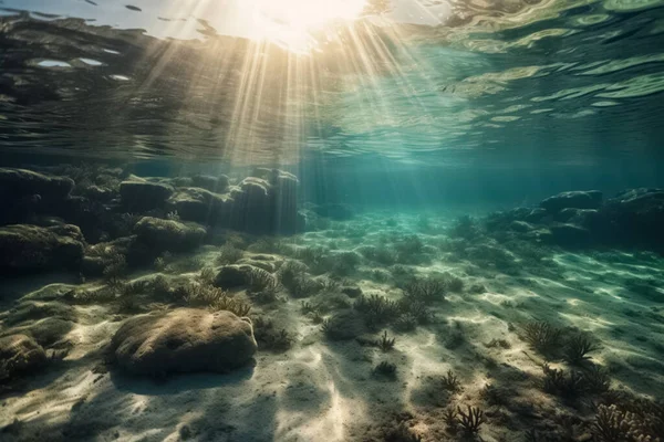 Näkymä Vedenalaisesta Pintaan Mereen Auringonsäde Tunkeutuu Meren Pintakerroksen Läpi Kuva — kuvapankkivalokuva