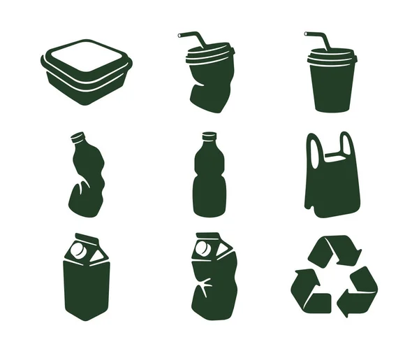 ベクトルアイコン リサイクル 生態系と環境汚染のセット プラスチックパッケージと箱 ペットボトルとカップ ビニール袋 ゴミと砕いた グラフィックデザインとイラスト — ストックベクタ