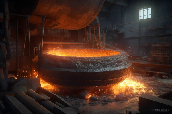 Process of melting metal in a blast furnace. Metallurgical production in the hot shop at the plant. Ladle with high temperature full of liquid metal for feeding metal into molds. Generative AI