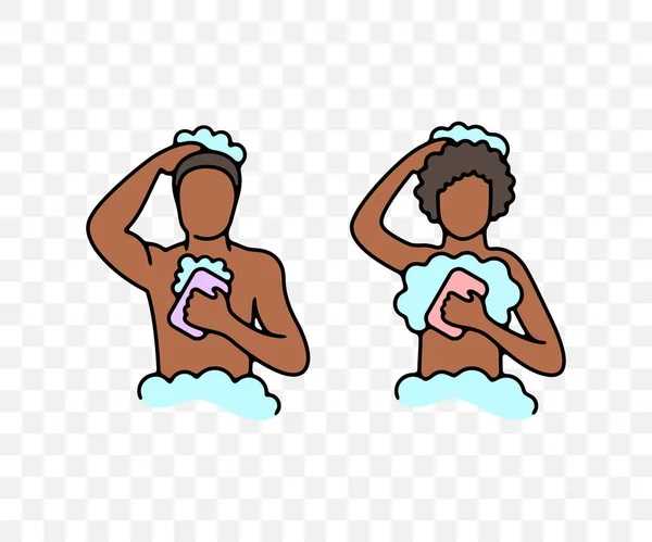 Afroamerikaner Baden Der Dusche Farbiges Grafikdesign Badezimmer Hygiene Körperpflege Haarpflege — Stockvektor