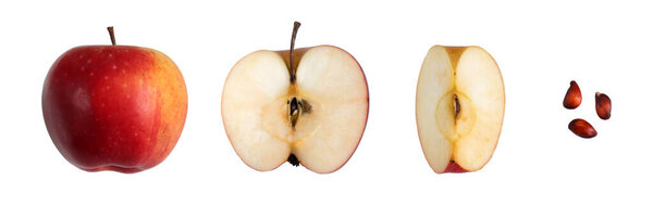 Top view of isolated cut red fresh apple. Set of whole, half, quarter and seeds of red apple