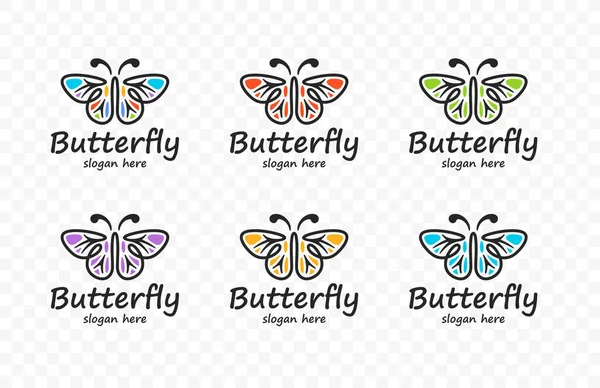 ステンドグラスの窓のベクトルデザインにおける抽象的な色蝶 シンプルな多色の線形蝶のロゴデザインのセット — ストックベクタ
