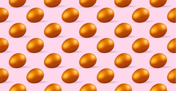 stock image Seamless pattern of golden chicken eggs on pink background. Fresh repeating golden chicken eggs on red background