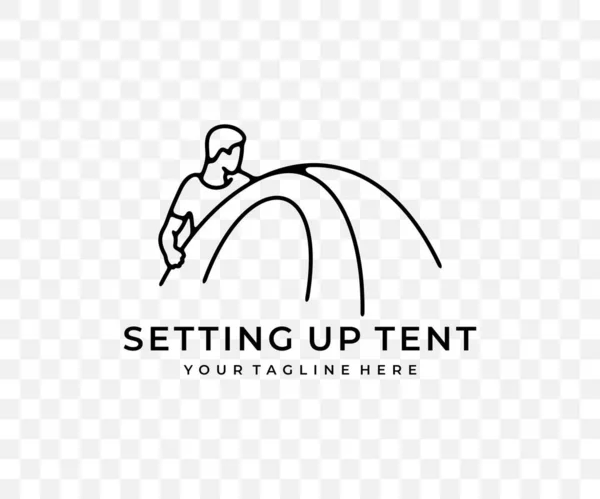 Man Sets Tent Camping Camp Linear Graphic Design Tourism Hike — Stock Vector