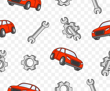 Araba, vites ve anahtar, kusursuz vektör arka plan ve şablon. Ulaşım, ulaşım, çark, dişli tekerlek ve anahtar, vektör tasarımı ve illüstrasyon