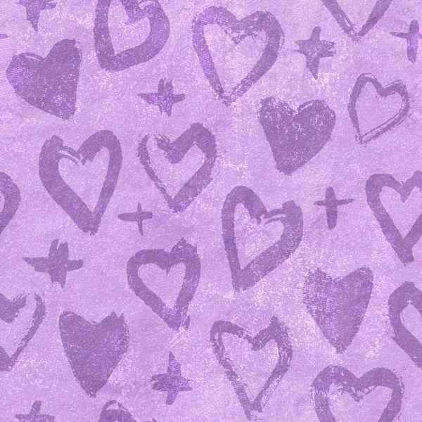 Seamless hand drawn heart pattern, purple on violet paper textured background. Artwork for printing, fabric, textile, manufacturing, wallpapers, wrapping paper, greeting card.