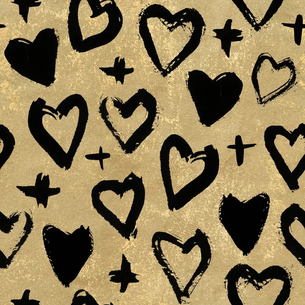 Seamless hand drawn heart pattern, black on gold paper textured background. Artwork for printing, fabric, textile, manufacturing, wallpapers, wrapping paper, greeting card.