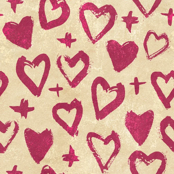 Seamless hand drawn heart pattern, red on gold paper textured background. Artwork for printing, fabric, textile, manufacturing, wallpapers, wrapping paper, greeting card.
