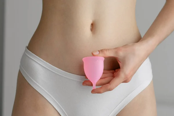 Woman Hand Holds Menstrual Cup Background Body Theme Reusable Hygiene — Stock Photo, Image