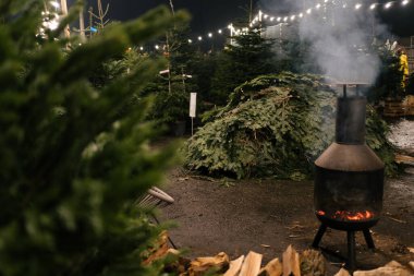 Market Christmas trees with branches and trees with a burning stove and firewood outside. The concept of preparing for the New Year holidays.