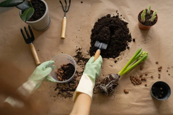 stock image Female hands in gloves pour soil and drainage into a pot for transplanting plants with a spatula. Spring houseplant care and repotting
